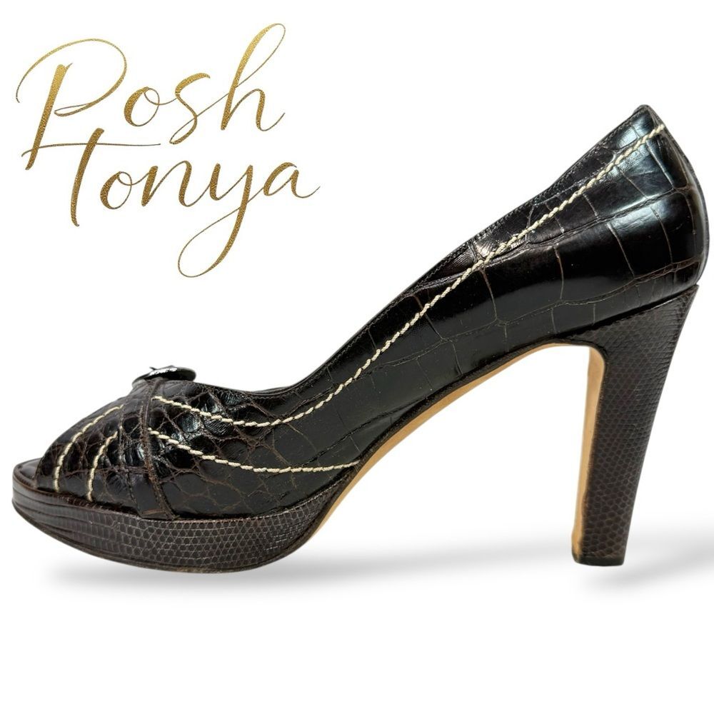 Vintage Y2K Genuine Alligator Leather Peep Toe Pumps Made in Italy 38.5 Mob Wife